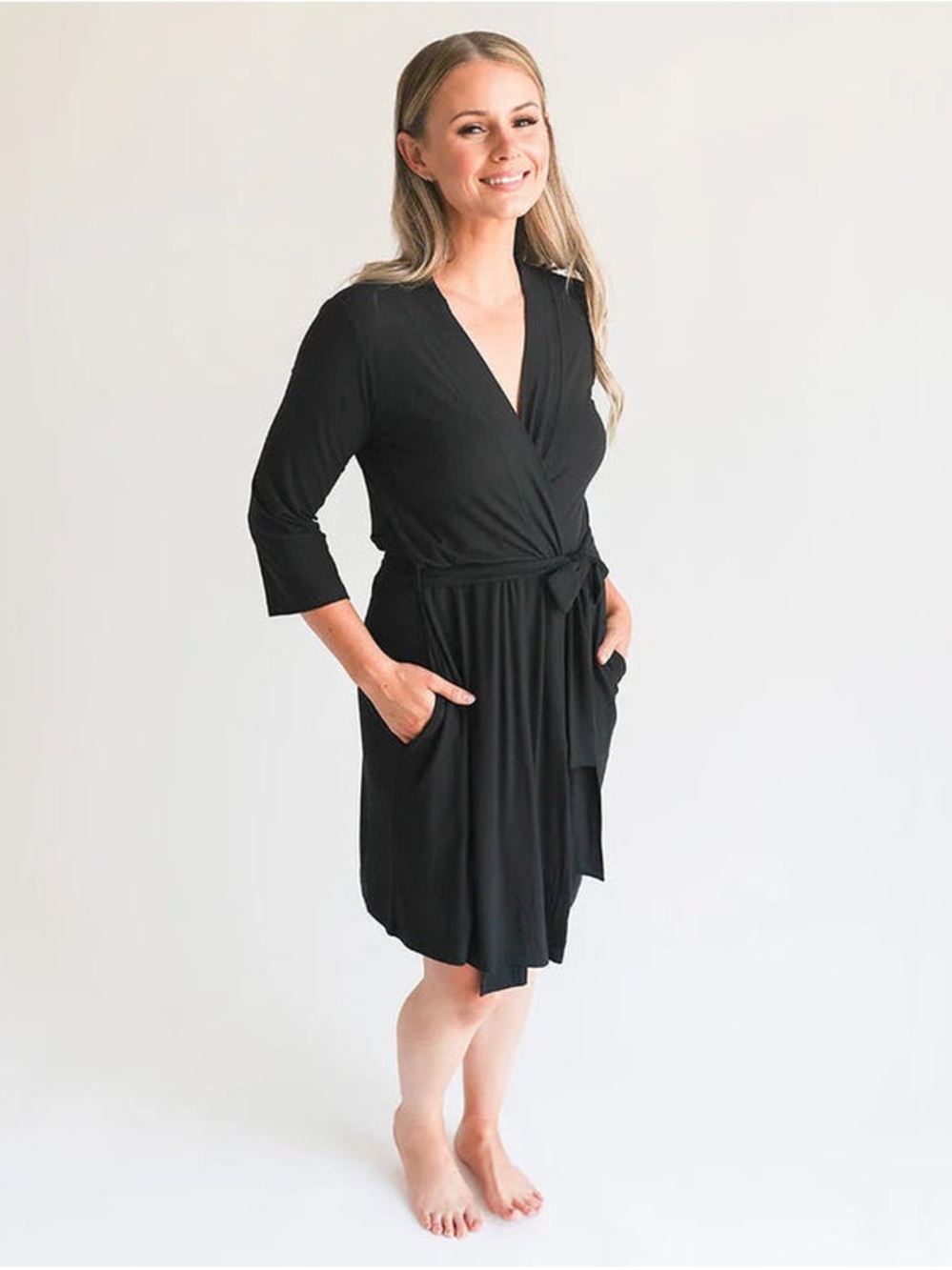 Posh Peanut Black Ribbed Bamboo Robe Maternity Nursing Postpartum Lounge Robe